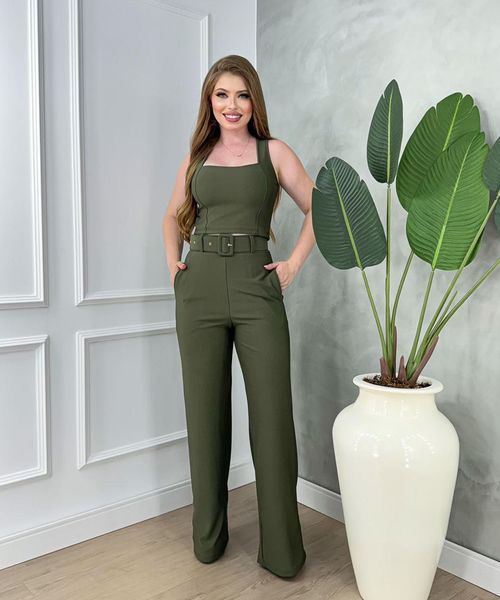 Conjunto Cropped Alça Grossa Calça Pantalona Malha Montaria - Verde Militar